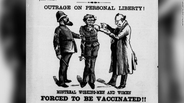 رسم يظهر فيه رجل من الطبقة العليا يجبر أحد الفقراء على التطعيم وهو محتجز من قبل شرطي