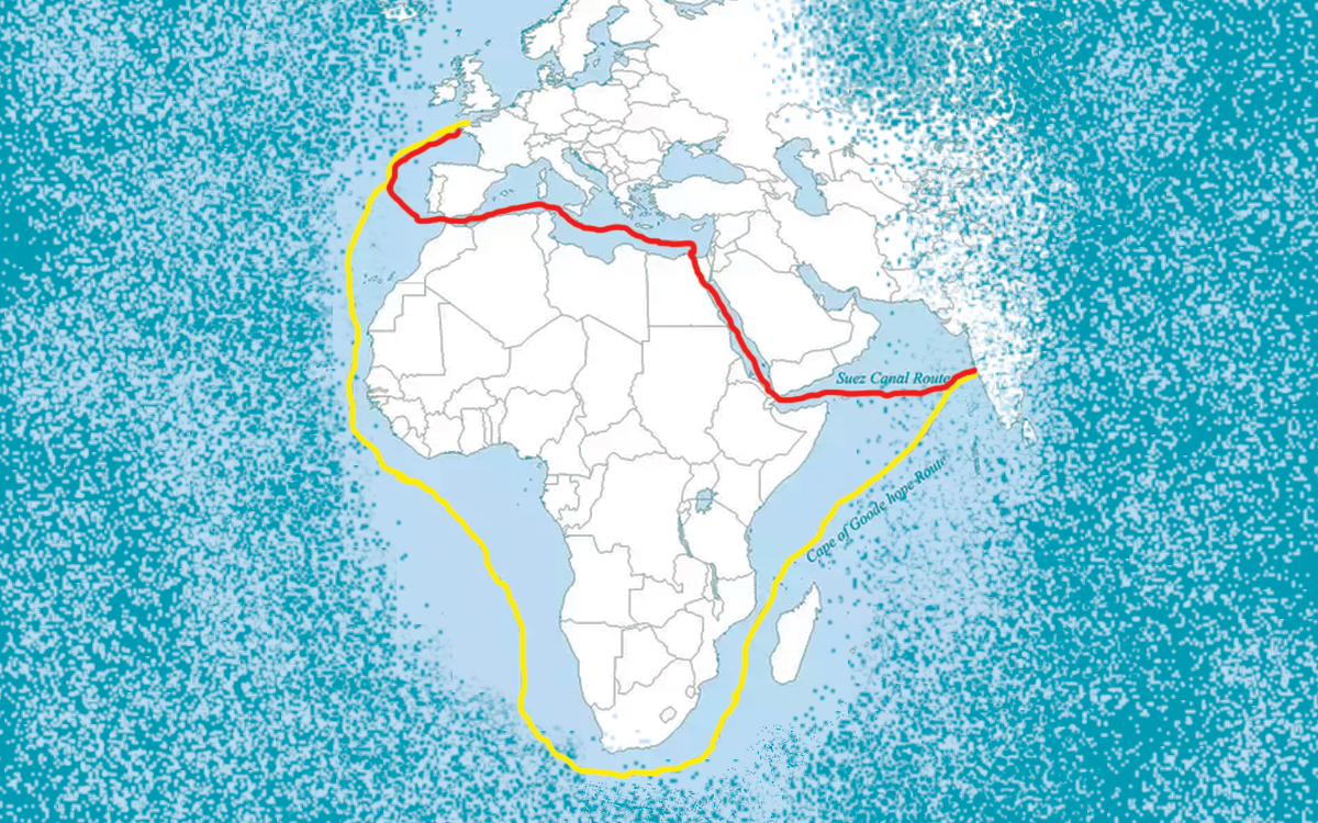 خريطة لطريق رأس الرجاء الصالح مقارنة بقناة السويس